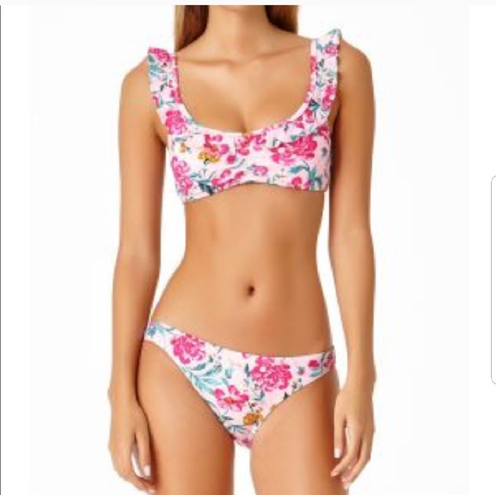 Pink floral bikini with ruffles on top sz Small
